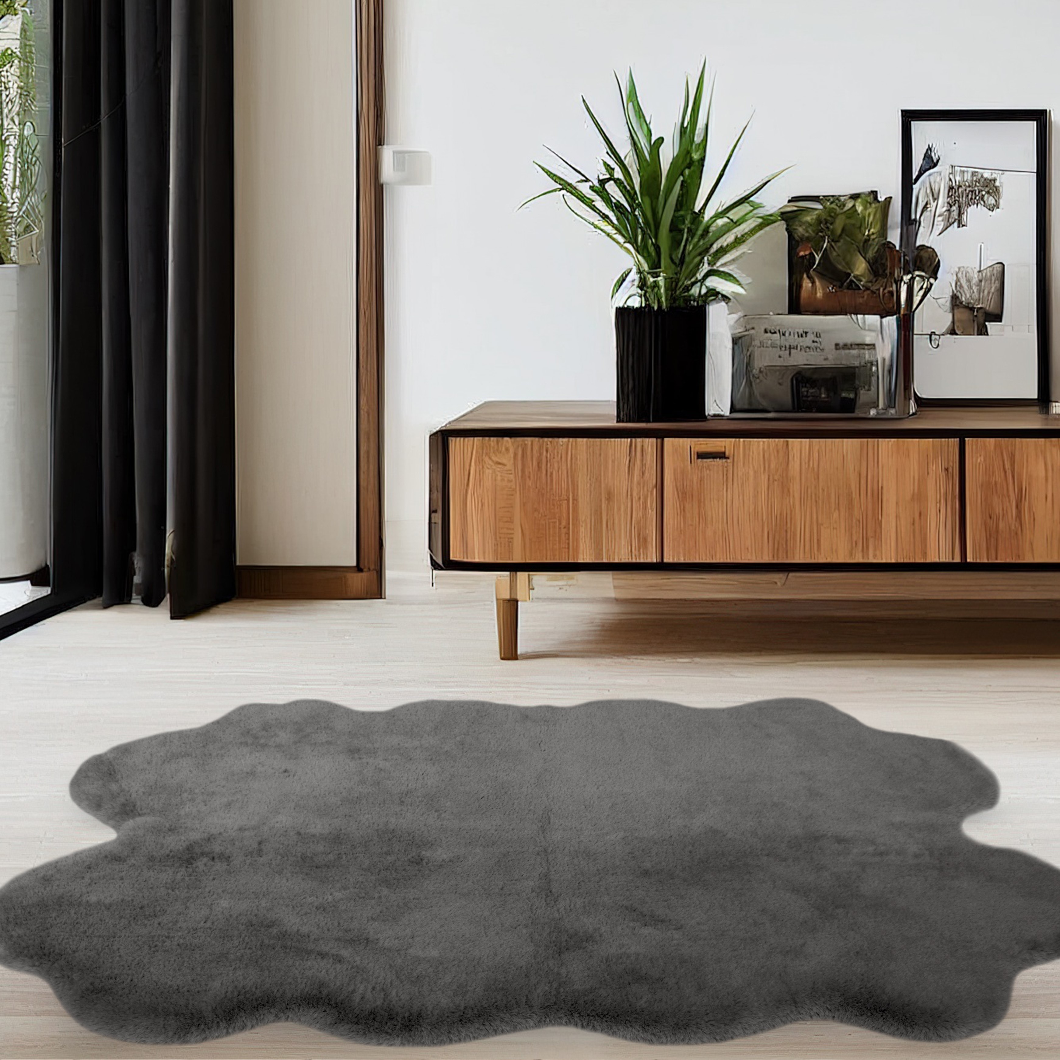 Luxury Faux Fur Plain Modern Shaped Rug 3 In Grey